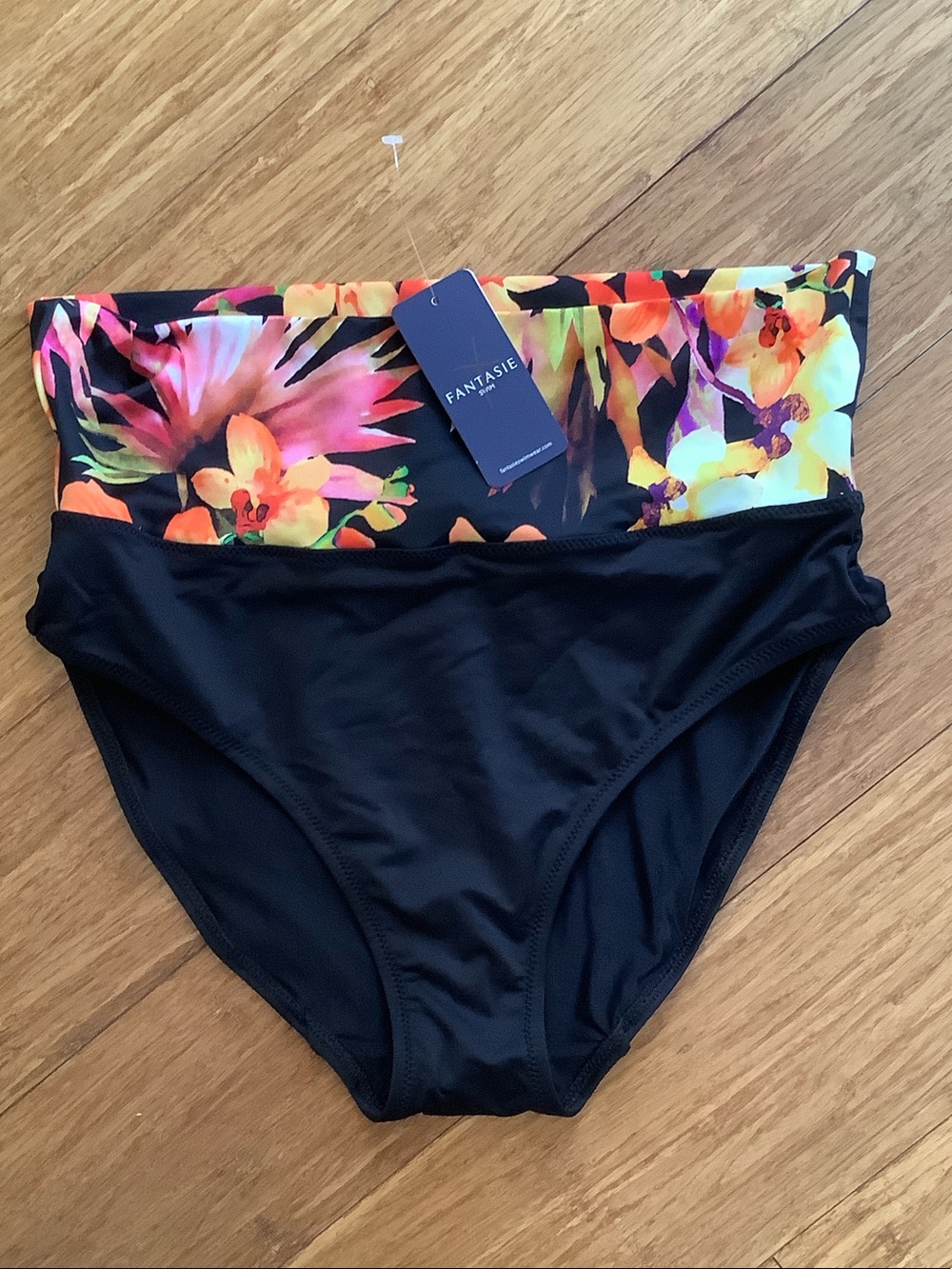 Fantasie Black Bikini Bottom with Tropical Multicolor Foldover Waistband